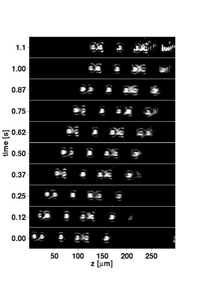 [Time sequence of moving six spheres in conveyor belt]