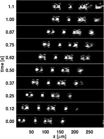 [Time sequence of moving six spheres in conveyor belt]