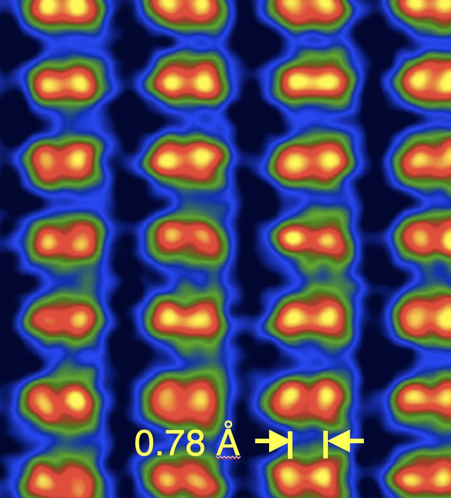 Image of Si crystal showing atoms separated by 0.078 nm